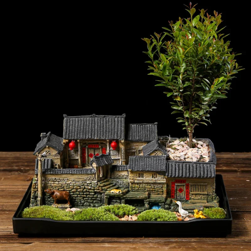 Chinese Style Retro Micro Landscape Old House Flower Pot Landscaping Potted Indoor Succulents Bamboo Bonsai Ornaments