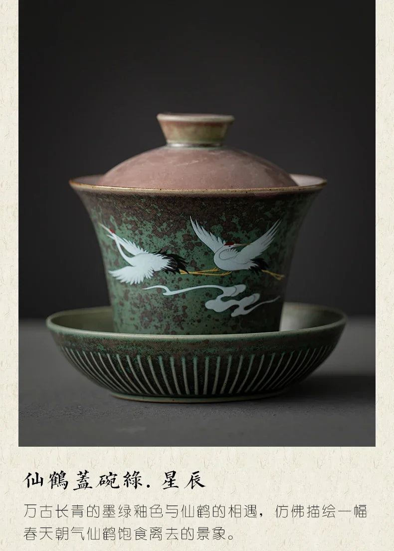 Chinese Stork Inspirated Gaiwan Ceramic Tea Set