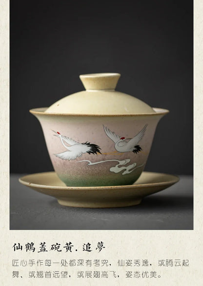 Chinese Stork Inspirated Gaiwan Ceramic Tea Set