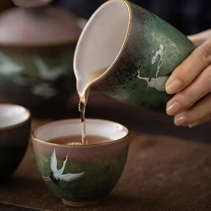 Chinese Stork Inspirated Gaiwan Ceramic Tea Set