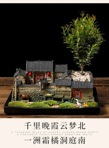 Chinese Style Retro Micro Landscape Old House Flower Pot Landscaping Potted Indoor Succulents Bamboo Bonsai Ornaments