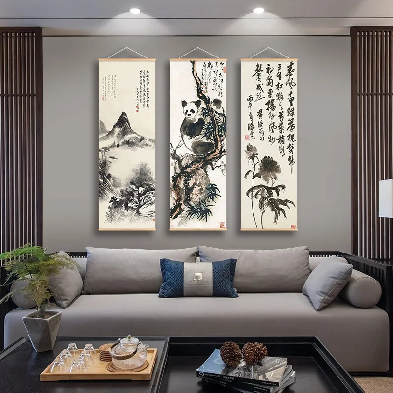 Panda Tree Mountain Canvas Painting