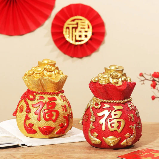 Chinese Fortune Lucky Bag Piggy Bank Resin Good Luck Treasure Pot Statue For Office Desk Art Craft New Year Home Decoration