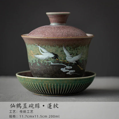 Chinese Stork Inspirated Gaiwan Ceramic Tea Set