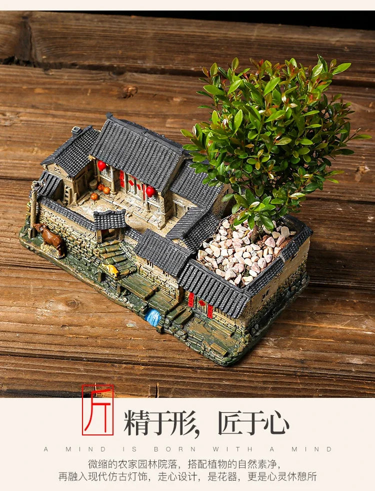 Chinese Style Retro Micro Landscape Old House Flower Pot Landscaping Potted Indoor Succulents Bamboo Bonsai Ornaments