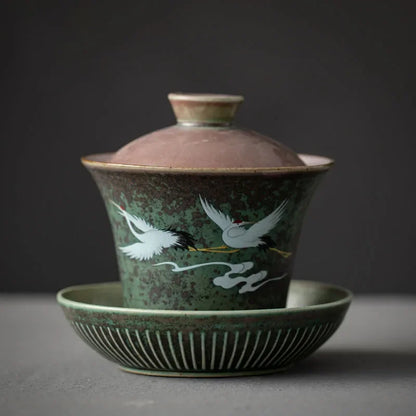 Chinese Stork Inspirated Gaiwan Ceramic Tea Set