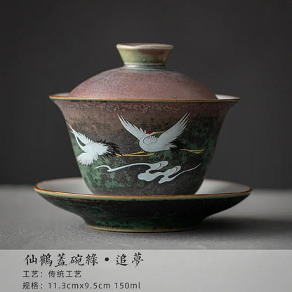 Chinese Stork Inspirated Gaiwan Ceramic Tea Set