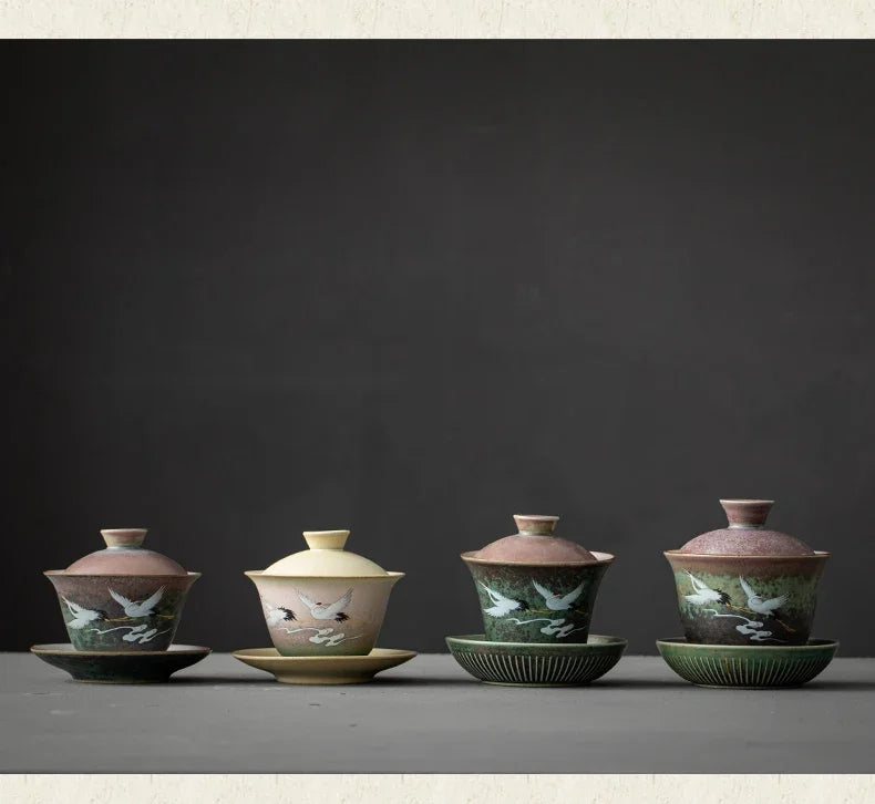 Chinese Stork Inspirated Gaiwan Ceramic Tea Set