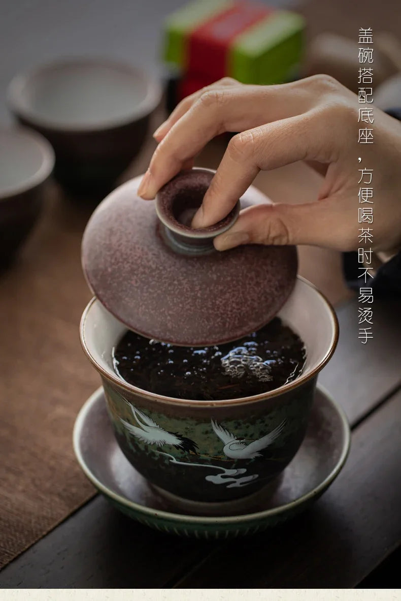 Chinese Stork Inspirated Gaiwan Ceramic Tea Set