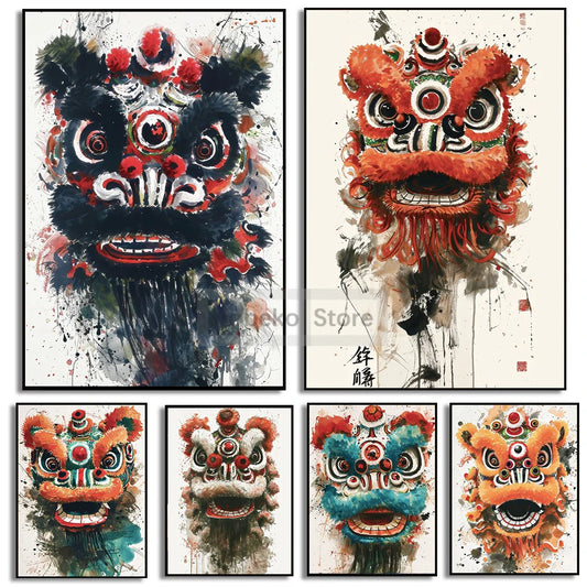 Tradition Chinese Lion Dance Canvas Painting