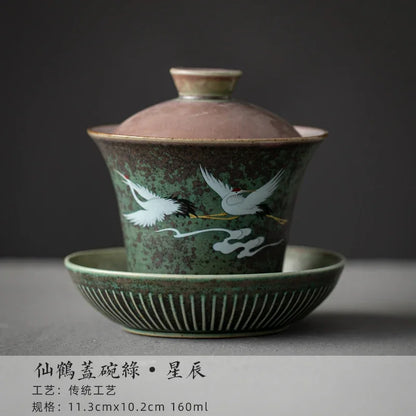 Chinese Stork Inspirated Gaiwan Ceramic Tea Set