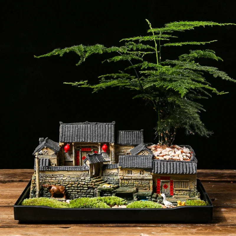 Chinese Style Retro Micro Landscape Old House Flower Pot Landscaping Potted Indoor Succulents Bamboo Bonsai Ornaments