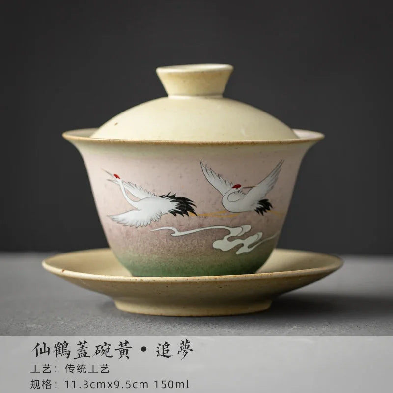 Chinese Stork Inspirated Gaiwan Ceramic Tea Set