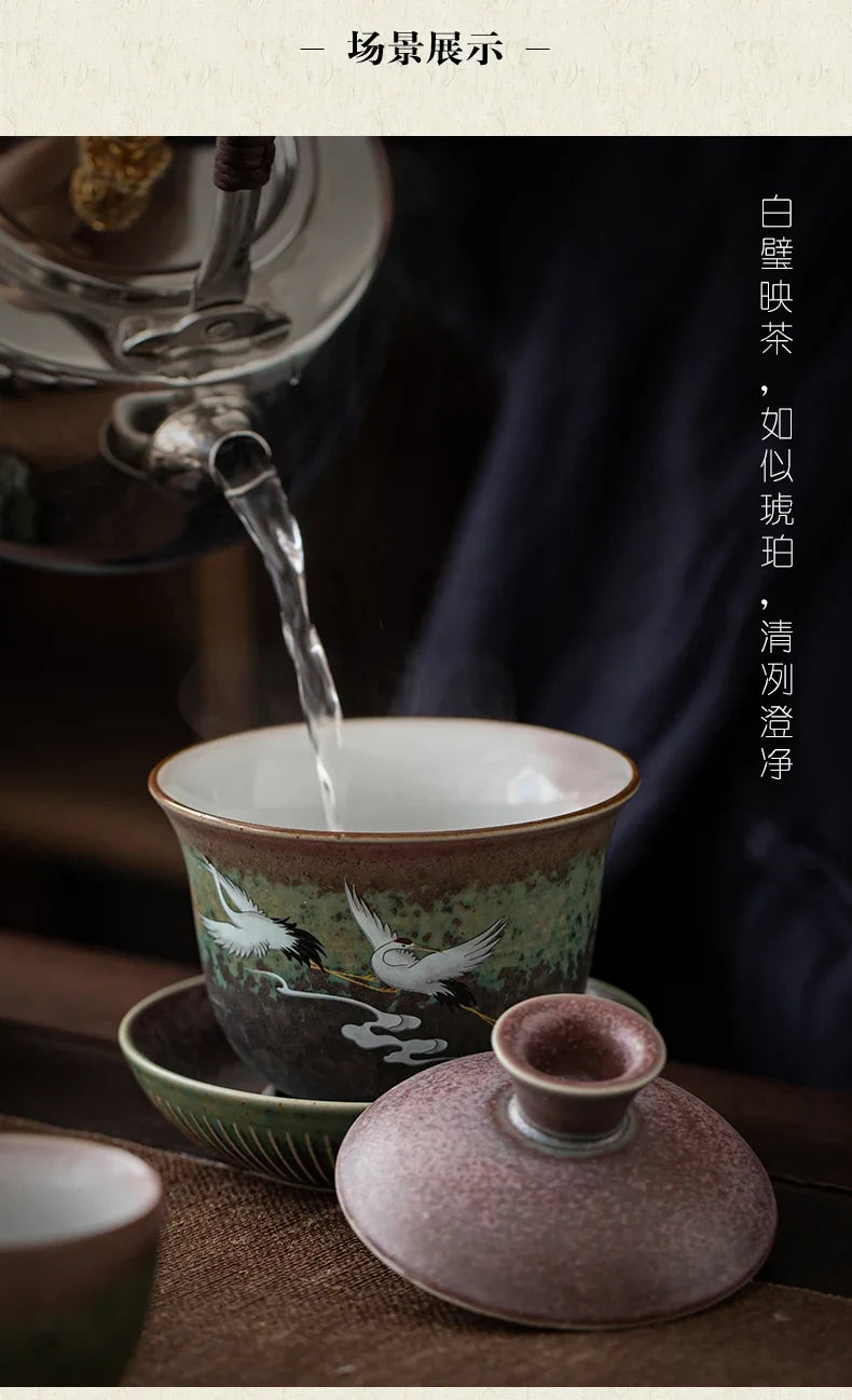 Chinese Stork Inspirated Gaiwan Ceramic Tea Set