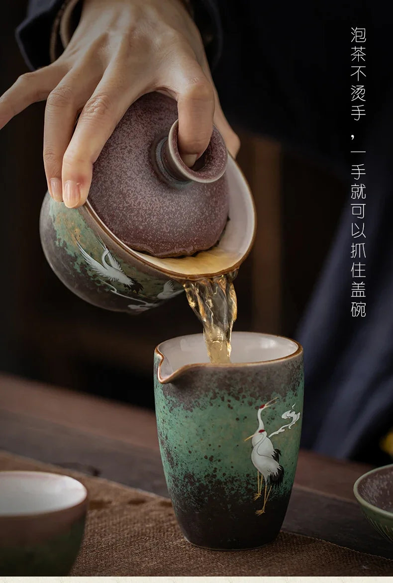 Chinese Stork Inspirated Gaiwan Ceramic Tea Set