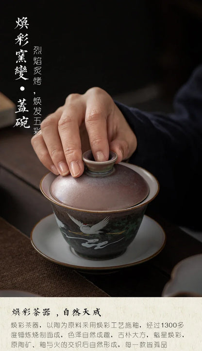 Chinese Stork Inspirated Gaiwan Ceramic Tea Set