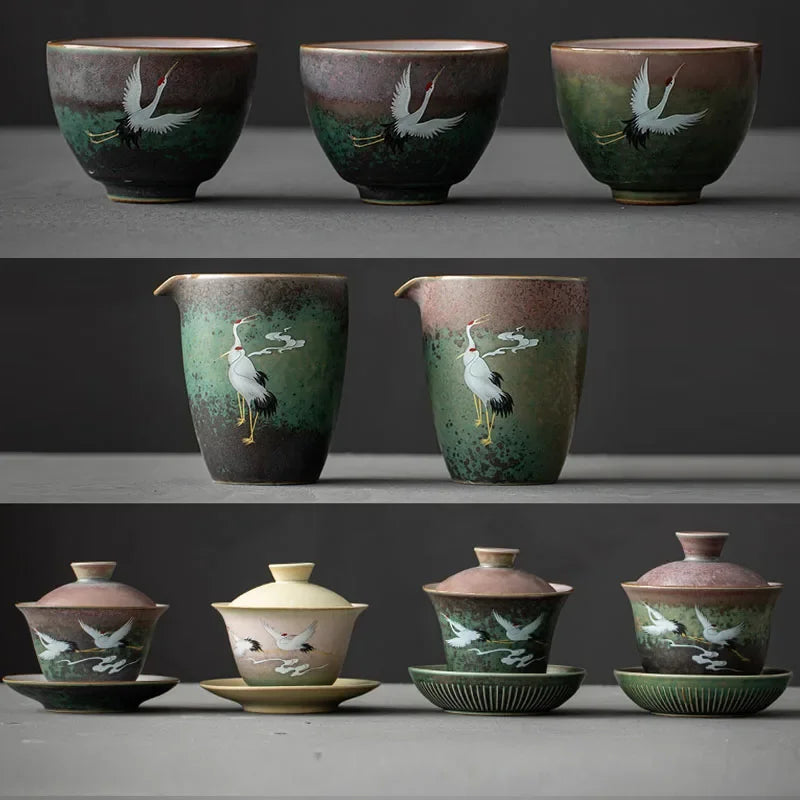 Chinese Stork Inspirated Gaiwan Ceramic Tea Set