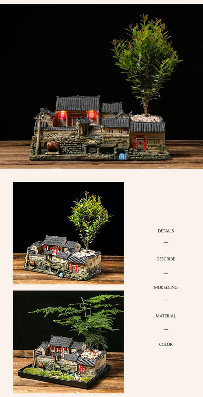 Chinese Style Retro Micro Landscape Old House Flower Pot Landscaping Potted Indoor Succulents Bamboo Bonsai Ornaments